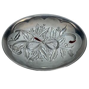 LENOX Vintage Silver Tone Holiday Oval Dish Holly Berry‎ Bow Embossed Christmas